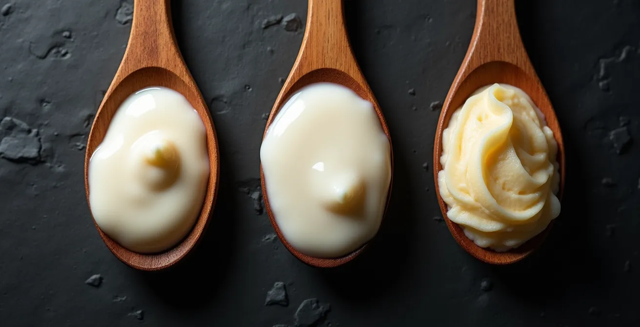 Test de la nappe montrant trois stades de cuisson de la crème anglaise sur cuillères en bois