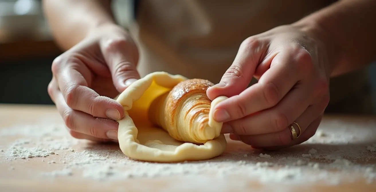 Mains étirant délicatement une pâte à croissant montrant le test du voile inversé pour vérifier le développement du gluten