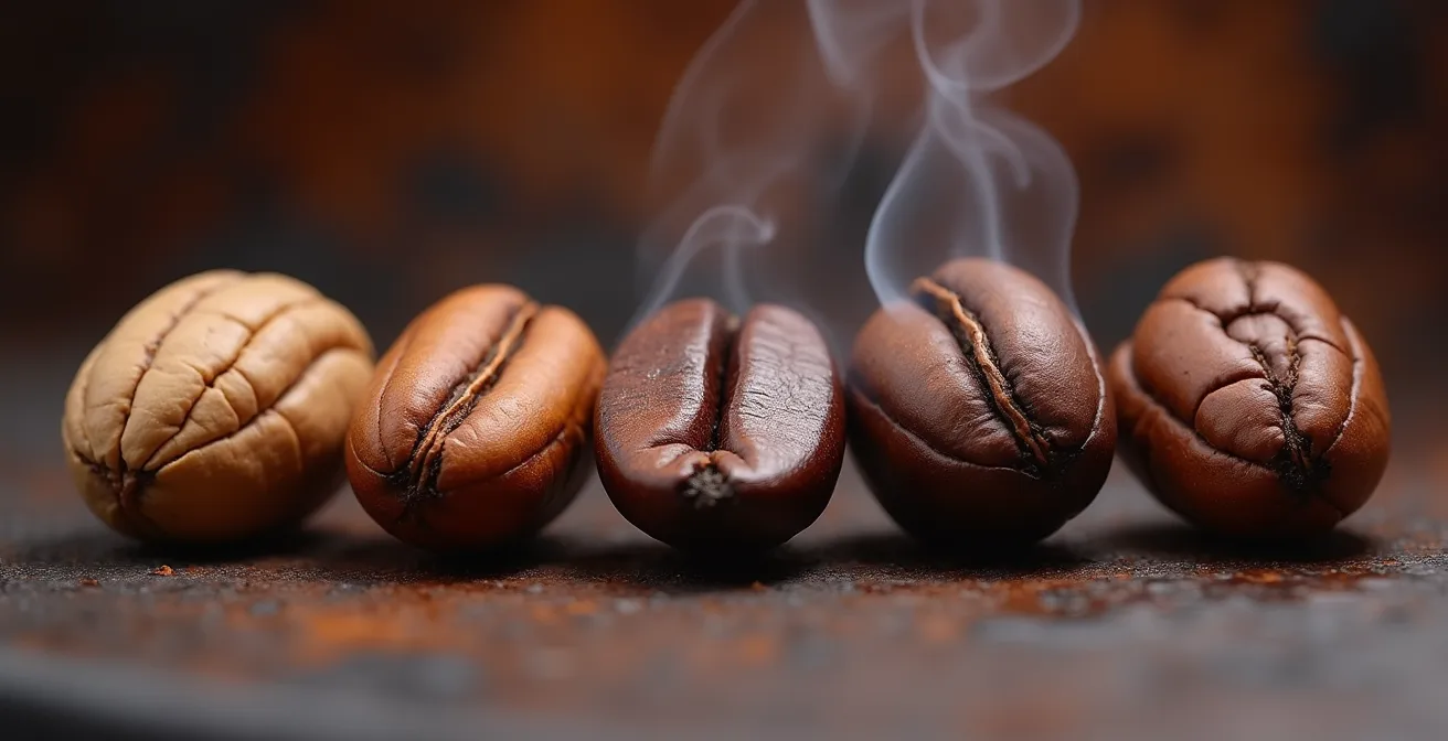 Fèves de cacao à différents stades de torréfaction montrant l'évolution des couleurs et textures