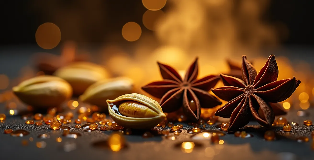 Gros plan macro sur des gousses de cardamome et étoiles d'anis en cours de torréfaction avec vapeurs aromatiques visibles