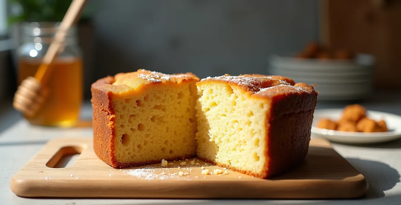 Tranches de cake au miel montrant la texture moelleuse après plusieurs jours