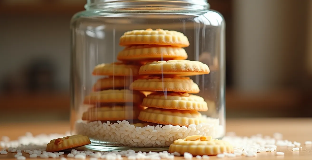 Tuiles aux amandes dorées empilées dans une boîte hermétique avec sachet de riz