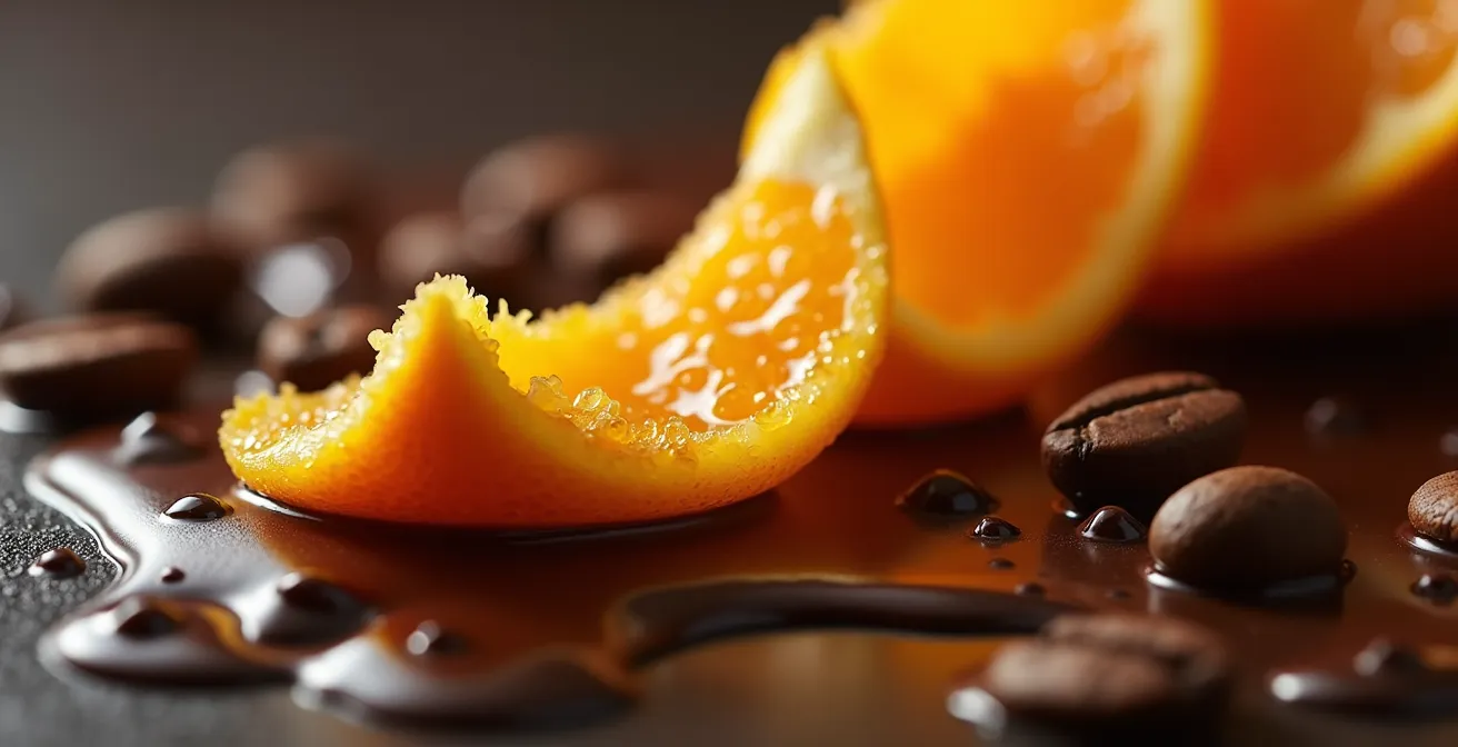Composition macro de zeste d'orange frais sur chocolat noir avec grains de café torréfiés