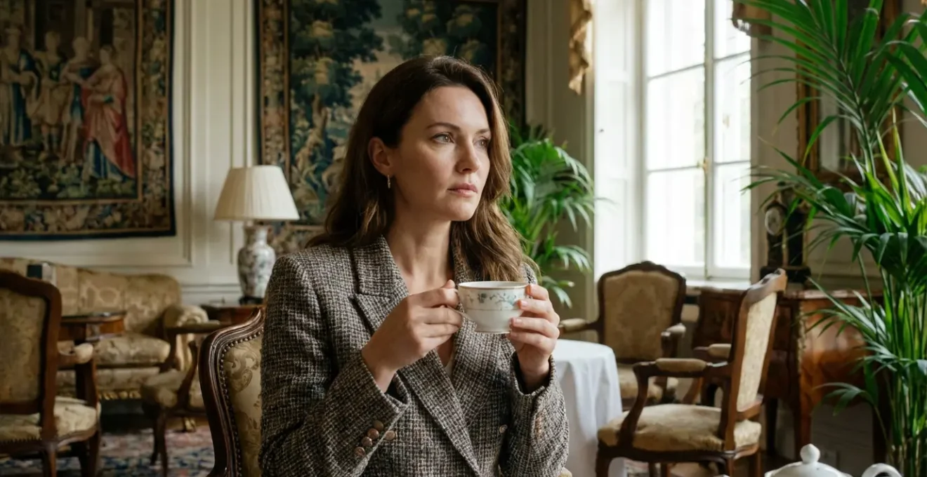 Cliente dégustant un thé premium dans salon d'hôtel raffiné