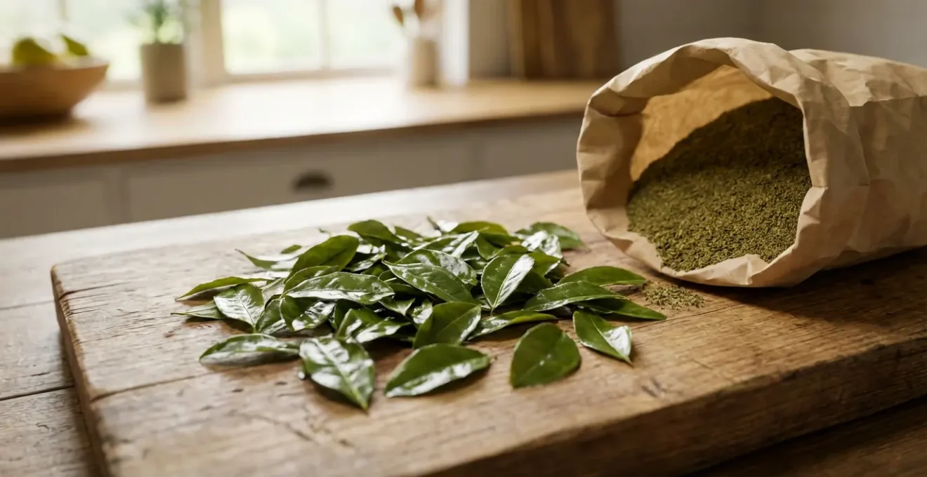 Feuilles de thé entières en vrac comparées à du thé broyé de sachet sur planche en bois