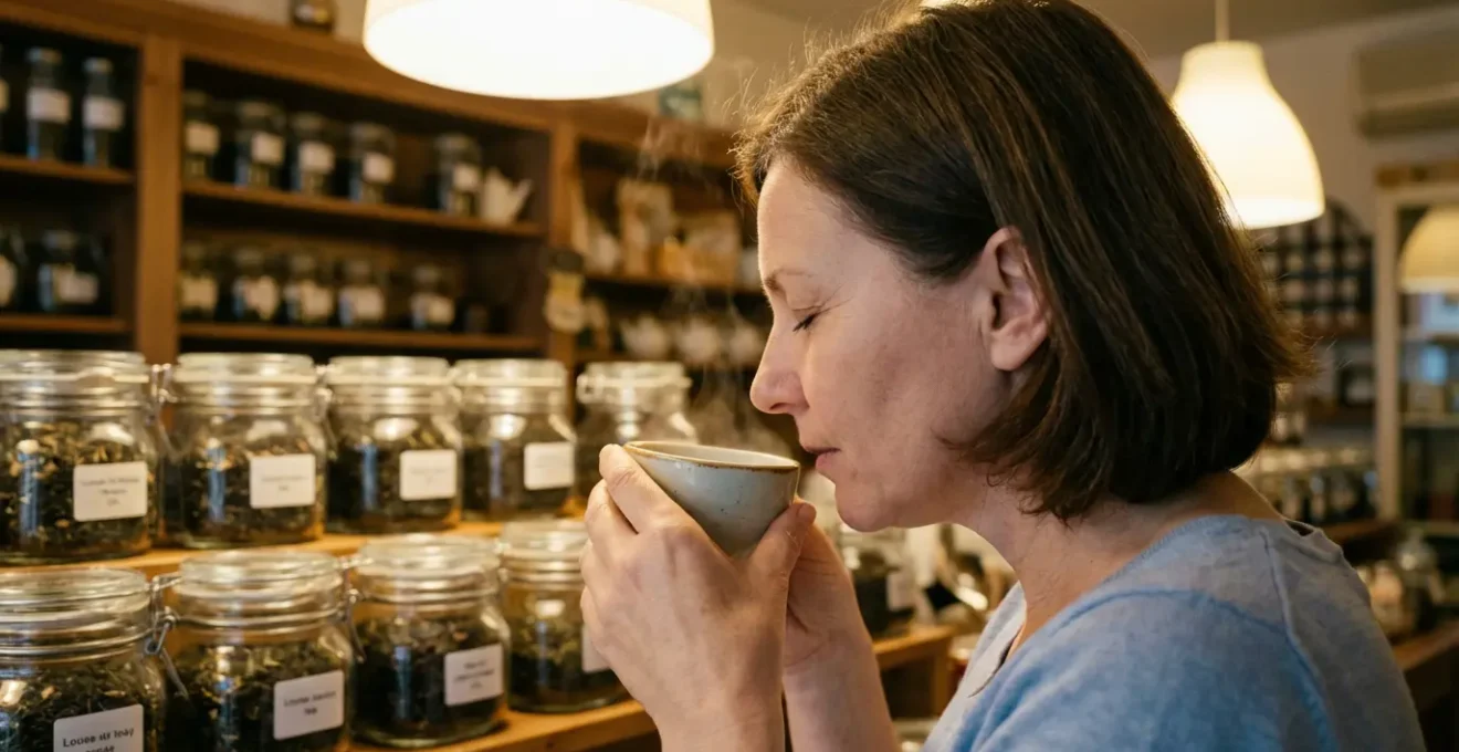 Femme humant l'arôme d'une tasse de thé dans une boutique spécialisée avec bocaux en arrière-plan