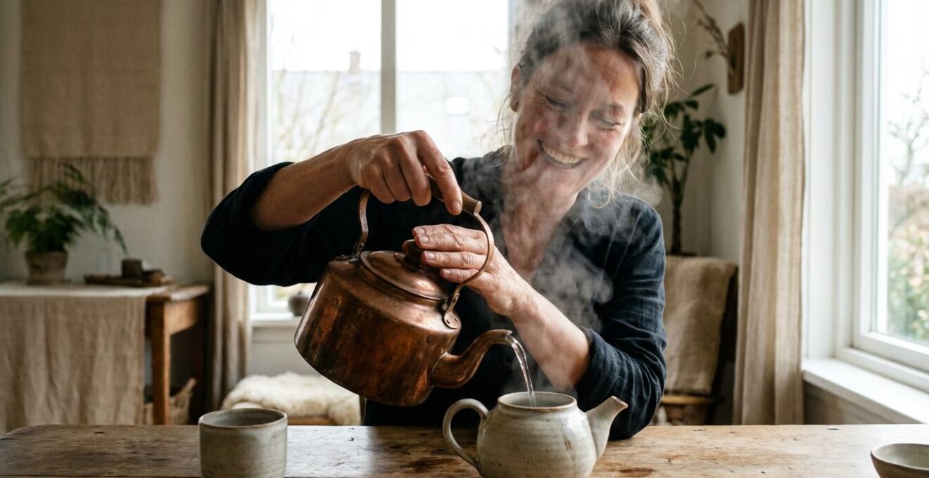 Préparation de thé haut de gamme dans un salon épuré avec théière en céramique