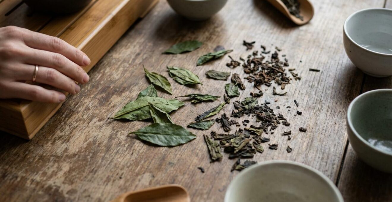 Feuilles de thé premium étalées montrant différents grades de qualité