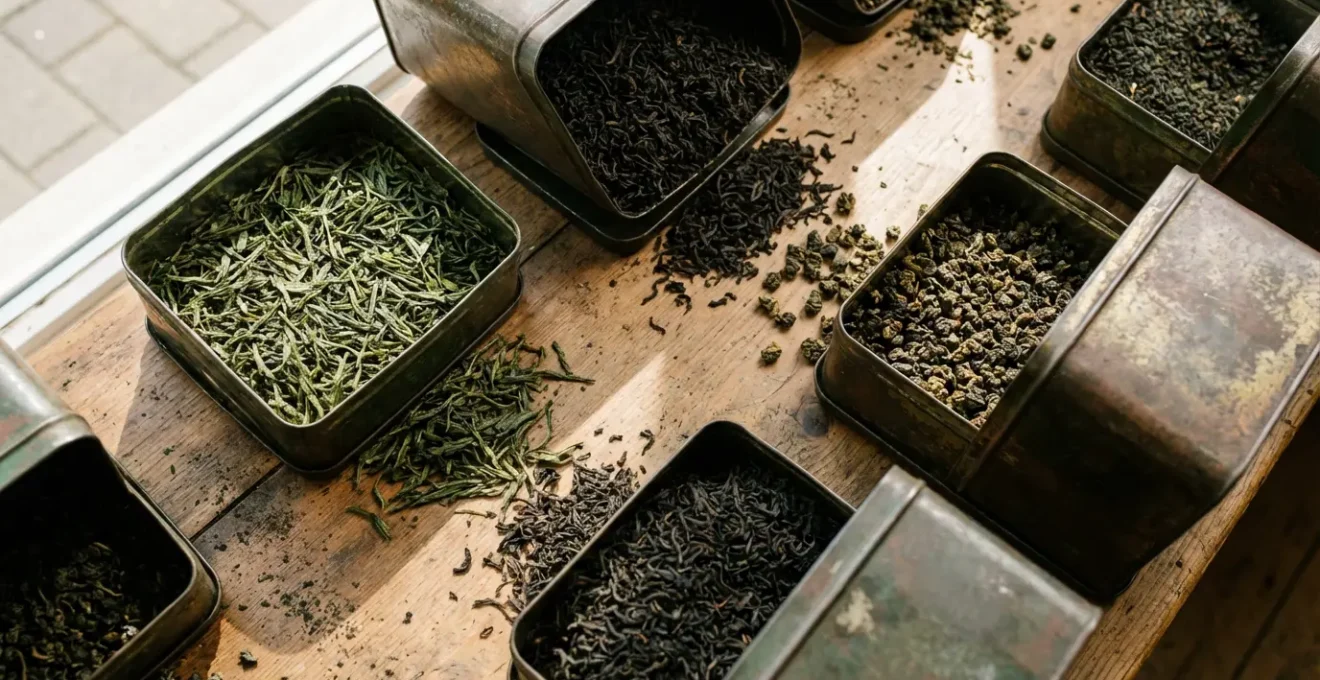 Variétés de thé en vrac dans des boîtes métalliques, thé vert et thé noir