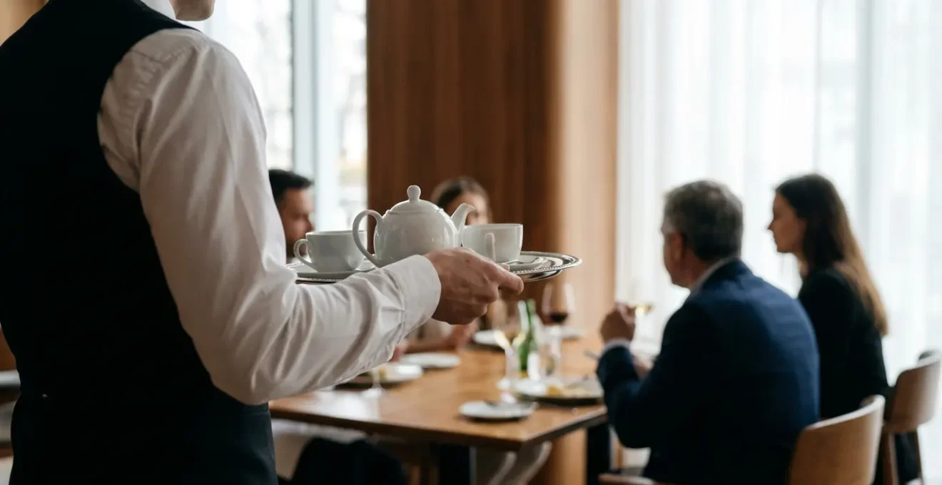Service du thé dans restaurant bistronomique avec théière et tasses sur plateau