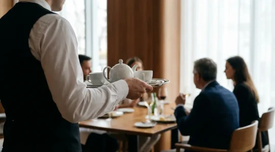 Service du thé dans restaurant bistronomique avec théière et tasses sur plateau
