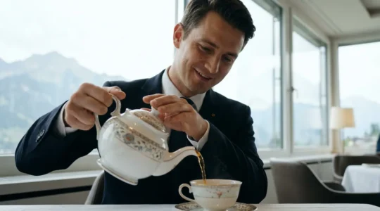 Serveur versant du thé dans un restaurant gastronomique suisse, moment de service authentique