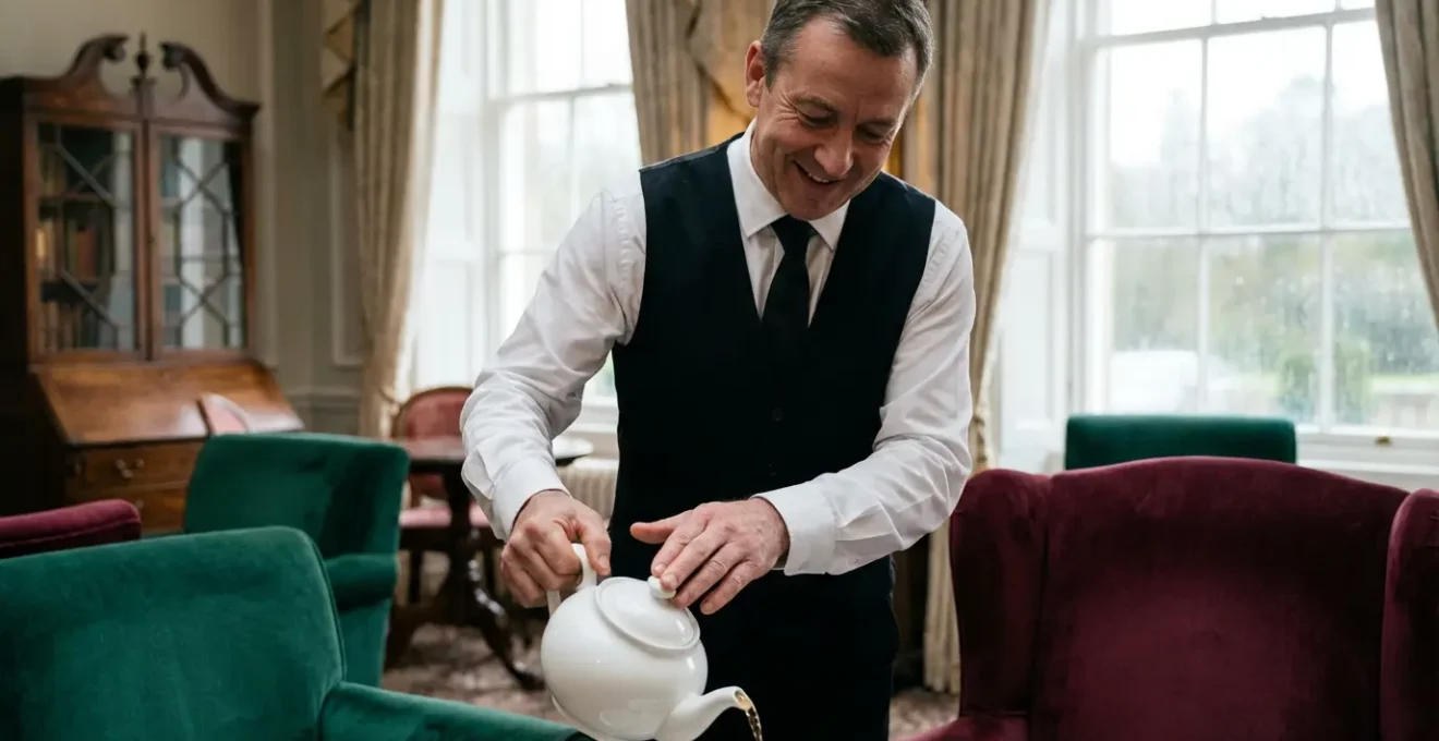 Serveur versant du thé dans un salon d'hôtel haut de gamme, service professionnel