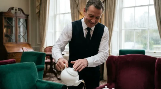 Serveur versant du thé dans un salon d'hôtel haut de gamme, service professionnel