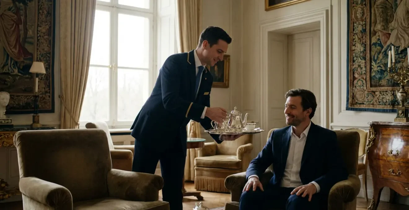 Service thé élégant dans salon de palace suisse avec serveur présentant plateau