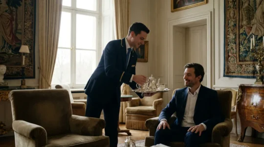 Service thé élégant dans salon de palace suisse avec serveur présentant plateau