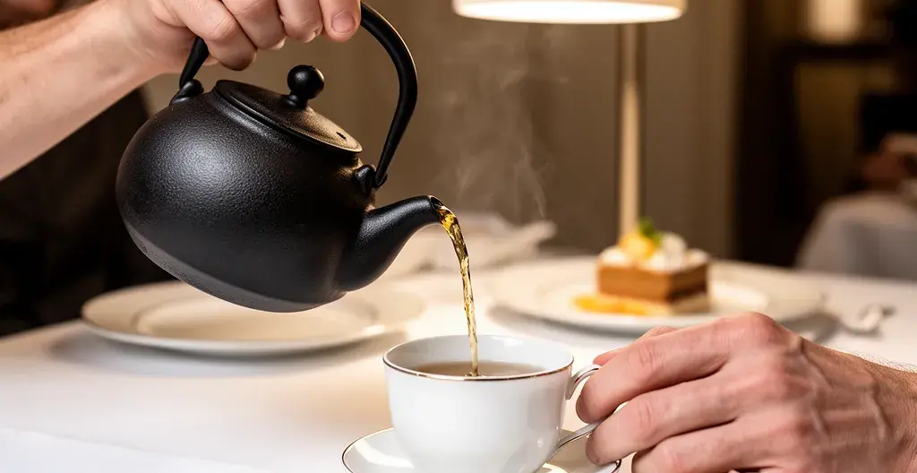 Versement de thé premium depuis théière en fonte dans tasse fine